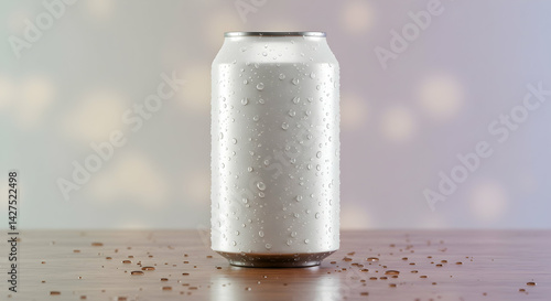 Blank White Soda Can Mockup with Condensation on Wooden Table Refreshing Beverage Packaging Design 12 oz Aluminum