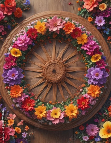 Wallpaper Mural Intricate wooden flower wheel, stunning array of colorful blossoms  , spring, art, design Torontodigital.ca