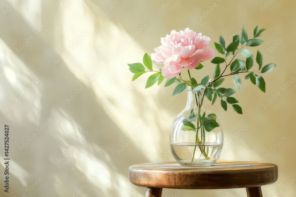Fototapeta premium Delicate pink peony in a glass vase, bathed in sunlight.