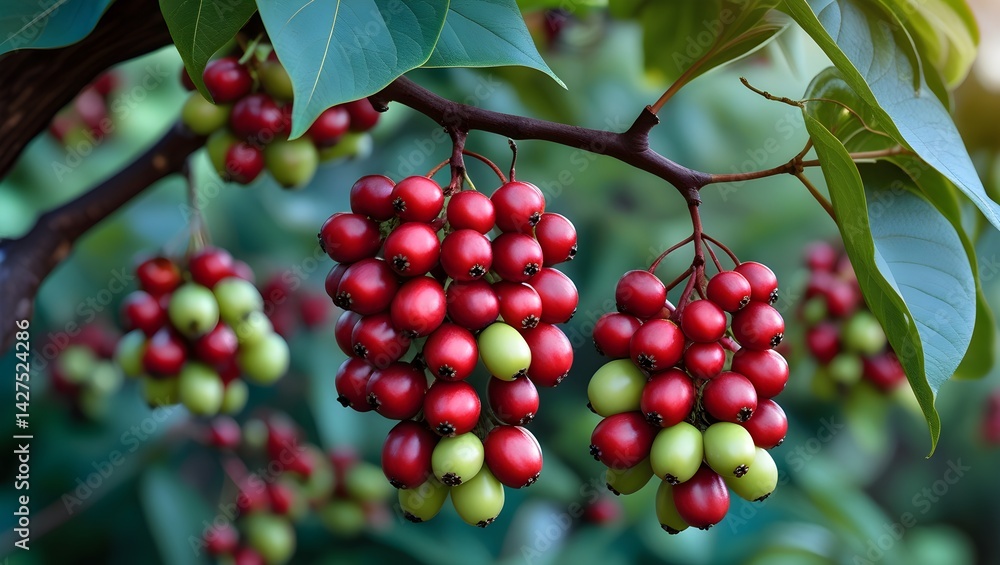 Obraz premium Close-up shot focusing on a branch laden with clusters of berries with a mixture of ripe, deep red berries and unripe, pale green berries