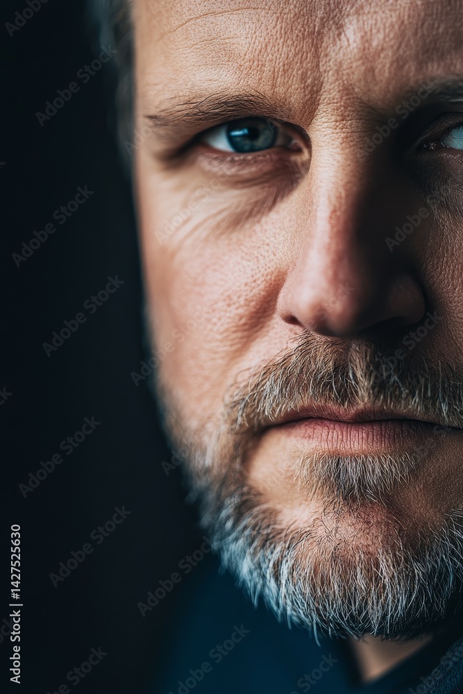 Obraz premium A photorealistic close-up portrait of a 40-year-old man with a cold, emotionless expression, neutral lighting, subtle facial lines, piercing eyes.