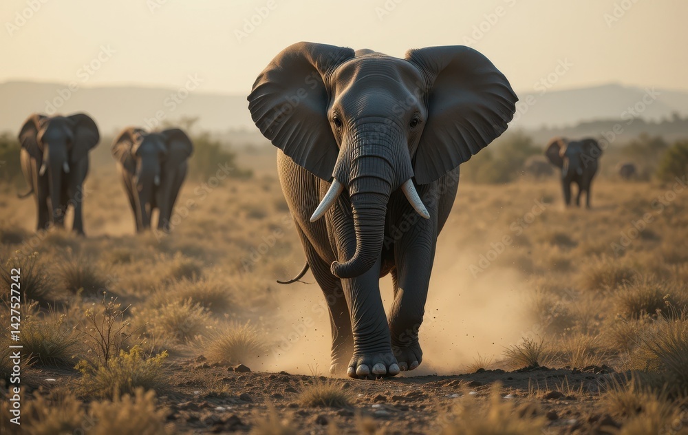 Obraz premium Elephant Walking on Dusty Ground in African Savannah