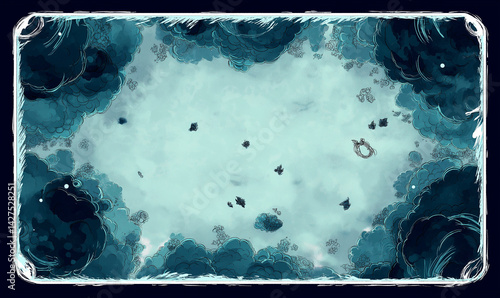 Rectangular Playing Mat with Oceanic Blue Background and Swirling Water Pattern, Futuristic Water Text in Digital Art Style for Virtual Tabletop Game Interface Design








