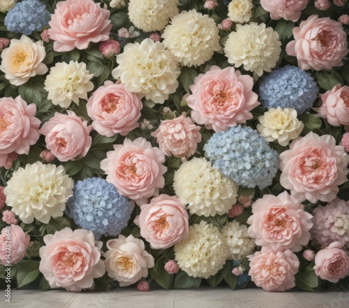 Pastel roses, peonies & hydrangeas Vintage floral wall backdrop , pastel hydrangeas, floral arrangement, romantic background