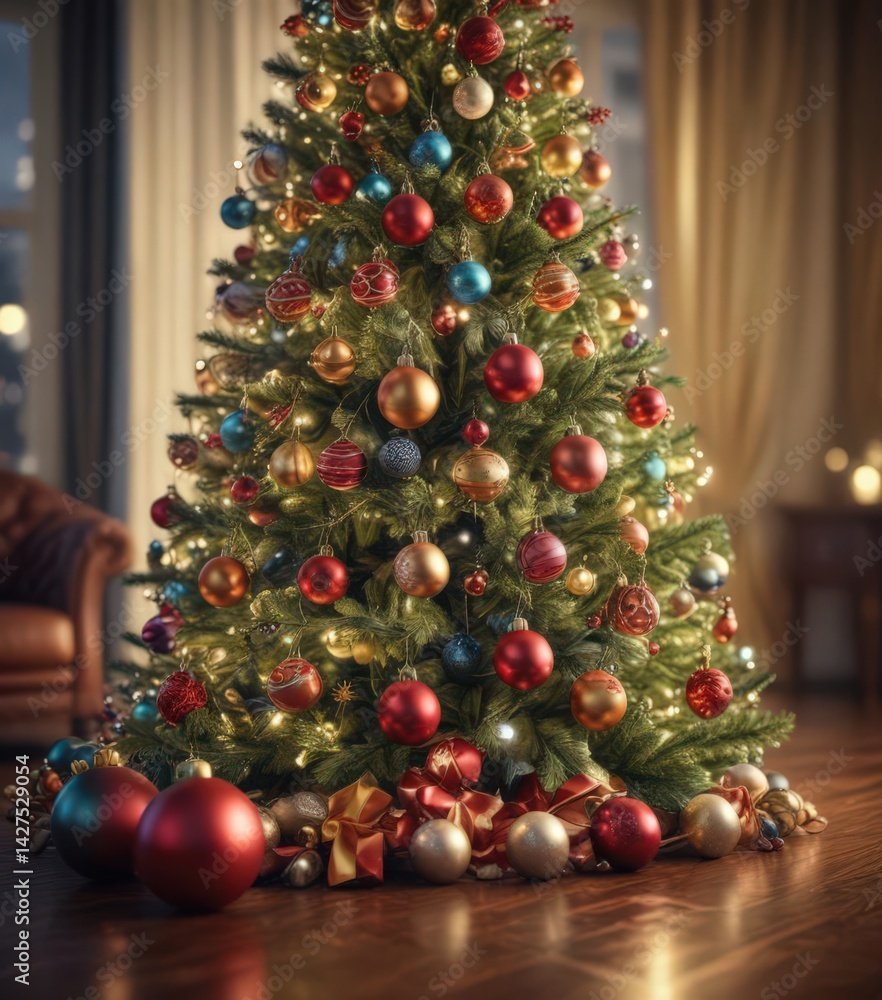 Ornate Christmas tree, vibrant baubles, soft bokeh lights , glitter, holiday, illuminated Ornate Christmas tree, vibrant baubles, soft bokeh lights , glitter, holiday, illuminated