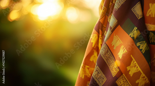 Handwoven Kente cloth with golden Adinkra symbols, celebrating African heritage and unity.