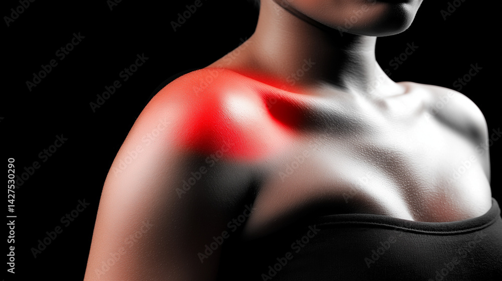 Naklejka premium Tense shoulder with subtle red tones symbolizing chronic pain and discomfort,isolated with copy space for text. Concept of health issues,physical therapy and medical treatment.