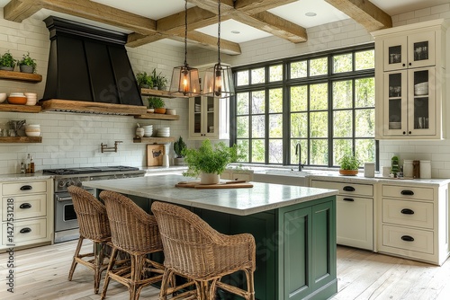 Wallpaper Mural Elegant farmhouse kitchen with white oak cabinets, dark green island, black hood, wicker barstools, floating shelves, stainless steel appliances, and abundant natural light. Torontodigital.ca
