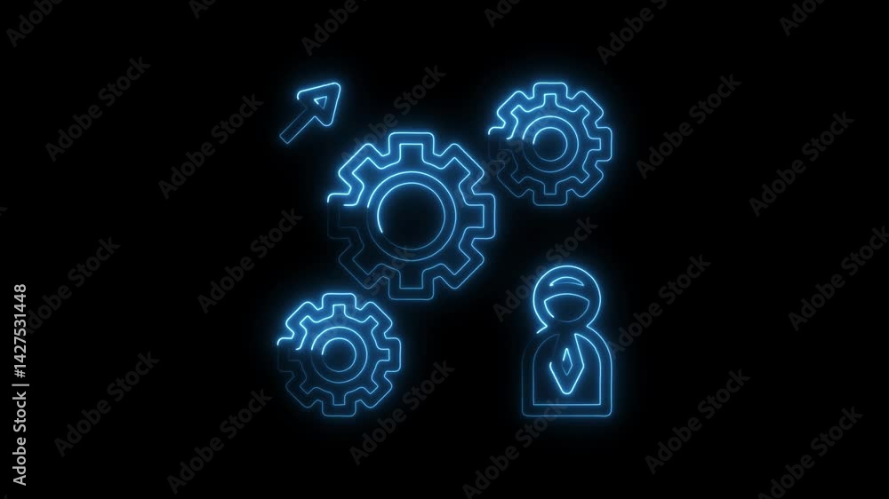 Neon style teamwork concept with gears and business man animation glowing symbols on a black background depicting business processes and optimization Neon style teamwork concept with gears and business man animation glowing symbols on a black background depicting business processes and optimization