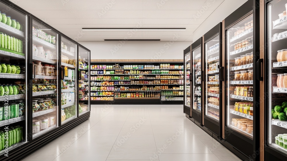 Modern supermarket interior showcasing organized shelves and refrigeration units filled with various products Modern supermarket interior showcasing organized shelves and refrigeration units filled with various products