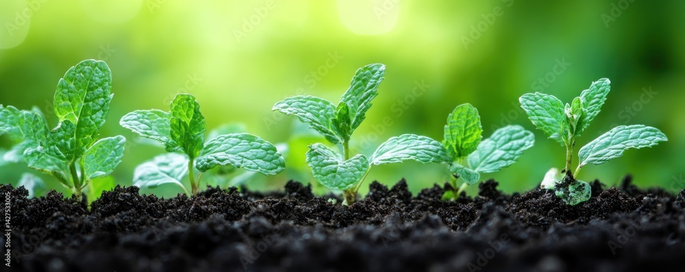 Vibrant Green Mint Saplings Emerging from Rich Soil Vibrant Green Mint Saplings Emerging from Rich Soil