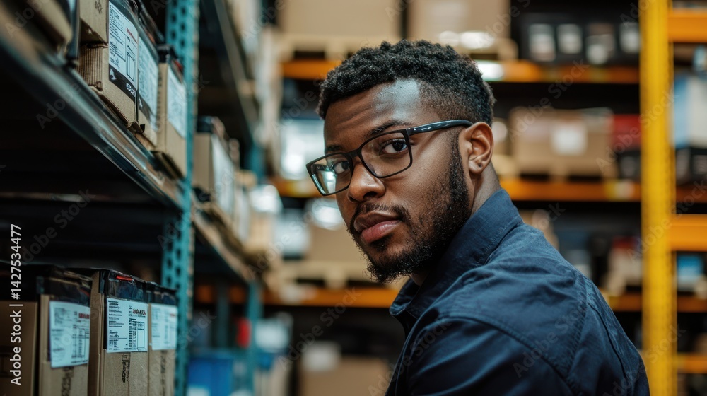 A logistics technician troubleshooting a warehouse management system. A logistics technician troubleshooting a warehouse management system.