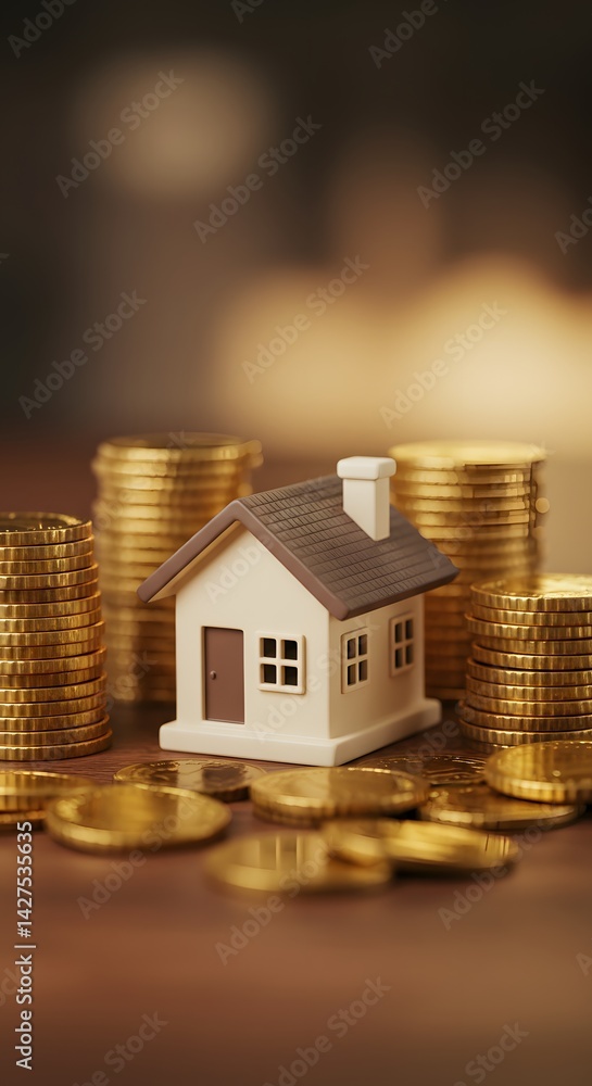 savings concept, stacks of coins,real estate investment, Miniature house with stacked coins symbolizes home improvement loans and financial planning. House model, home ownership, property finance,