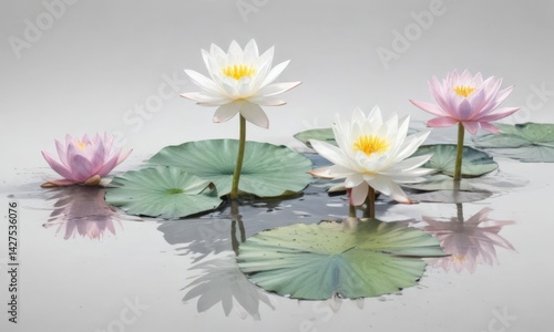 Soft pastel water lilies painted in watercolor, white backdrop , soft colors, floral design