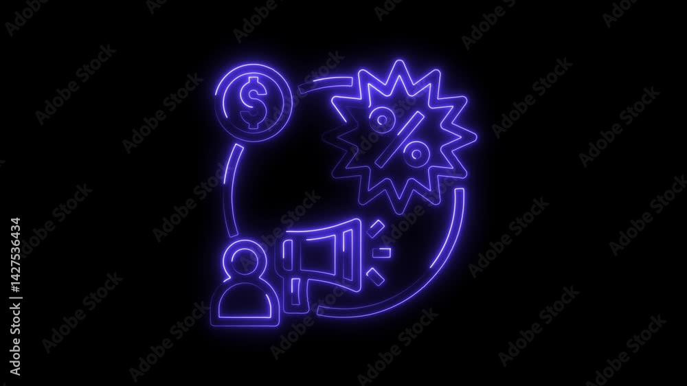 Neon outline animation of marketing strategy with customer acquisition and discount promotion Neon outline animation of marketing strategy with customer acquisition and discount promotion