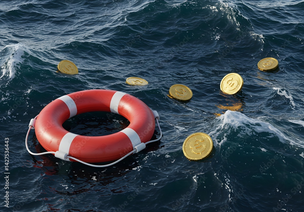 Life preserver with coins in water symbolizes financial aid during crises, red life preserver, money at sea, choppy water, savings concept,floating gold coins, financial rescue, economic lifeline,Ocea