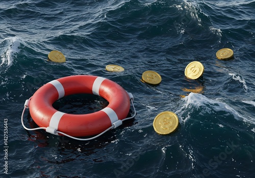 Obraz na płótnie Life preserver with coins in water symbolizes financial aid during crises, red life preserver, money at sea, choppy water, savings concept,floating gold coins, financial rescue, economic lifeline,Ocea w salonie