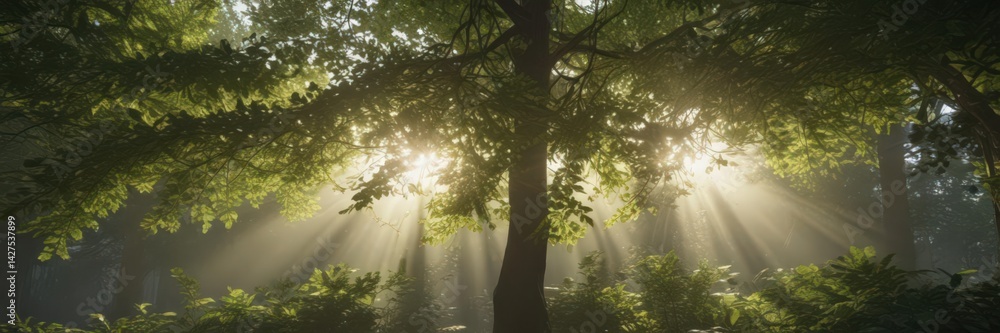Obraz premium Sun's rays pierce dense leaves, creating radiant shafts of light, nature, ecology, spring