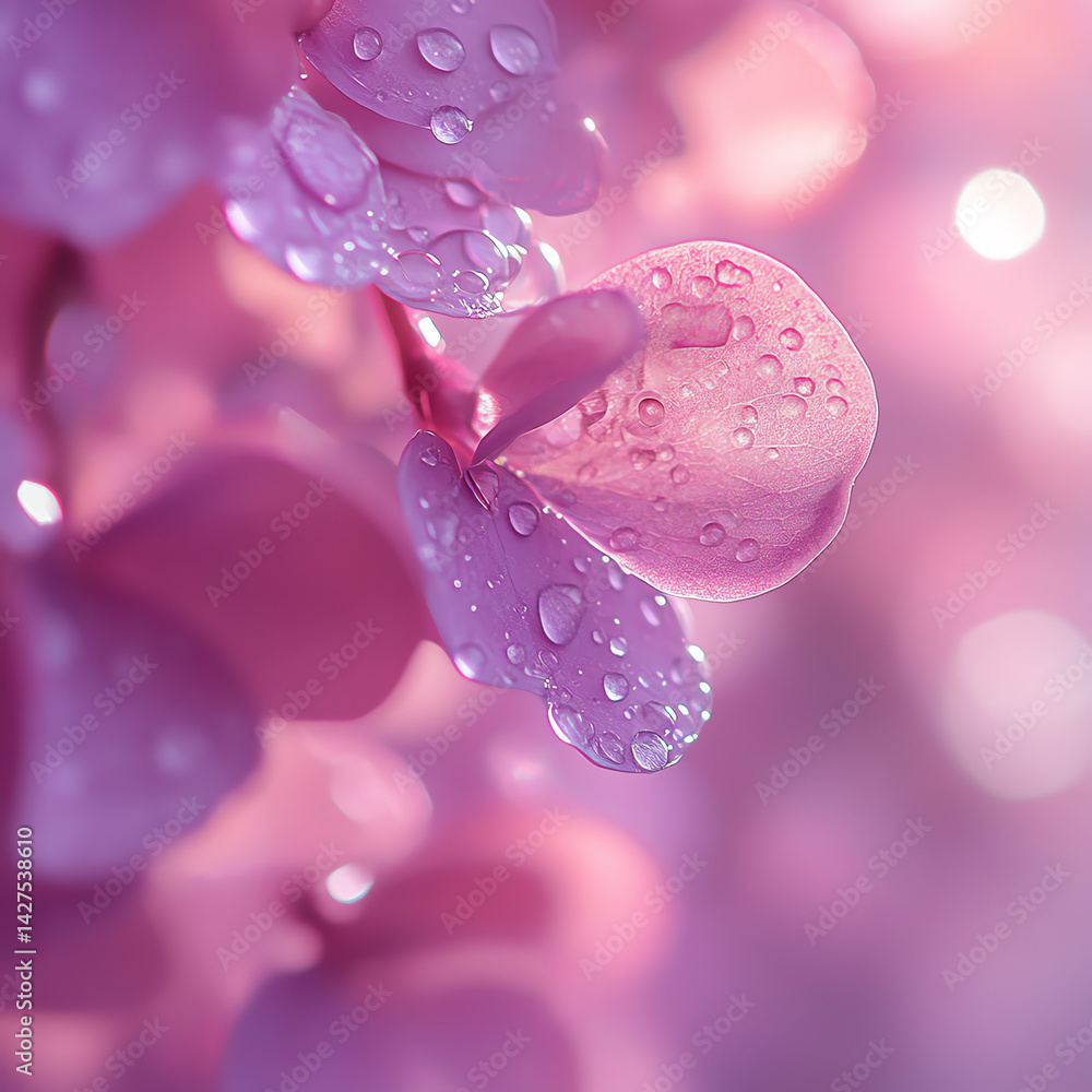 Fototapeta premium Ethereal close-up of delicate lilac petals with glistening water droplets, suspended in soft light. A minimalist pink-themed aesthetic with dreamy bokeh, captured in high-resolution studio quality