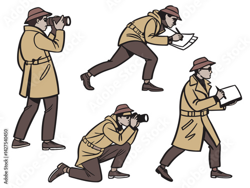 Detective in Trench Coat: Posing, Taking Notes, and Photos