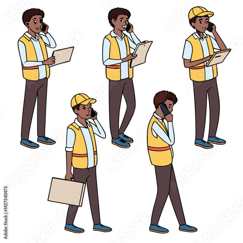Construction Worker Illustrations: Diverse Poses, Yellow Safety Vest
