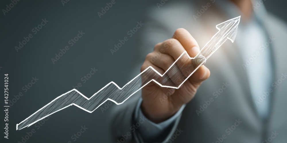Fototapeta premium Businessman sketching growth graph with digital data on virtual screen, illustrating financial advertisement concept for corporate strategy and marketing technology.