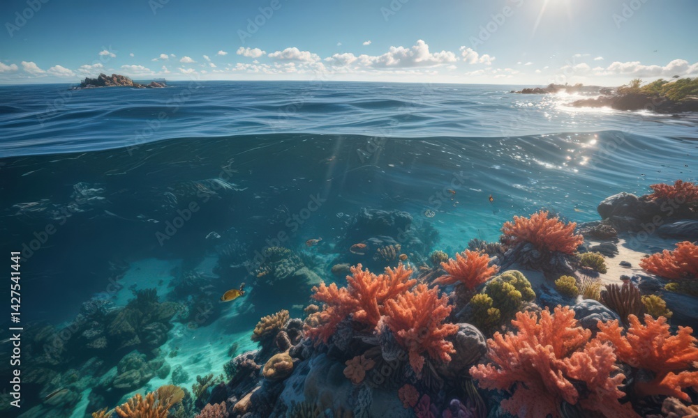 Naklejka premium Sun-dappled ocean surface, vibrant coral reef below, rays, scenic