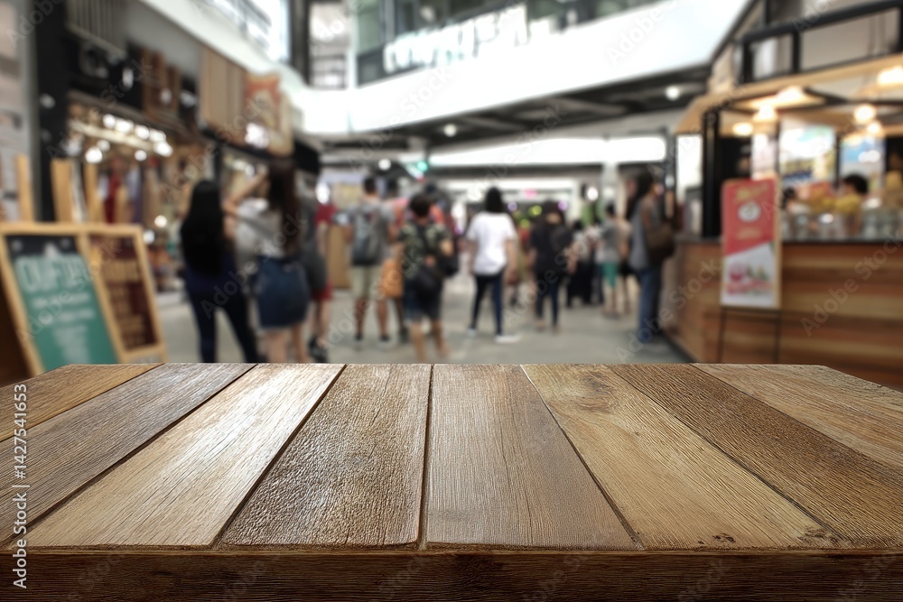Empty wooden table in front of a crowded marketplace Empty wooden table in front of a crowded marketplace