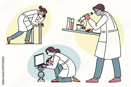 Scientists in Lab Coats: Research, Microscope, and DNA Study