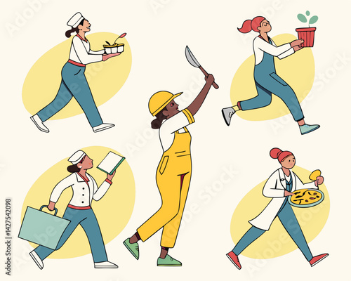 Diverse Women in Various Professions: Cartoon Illustration