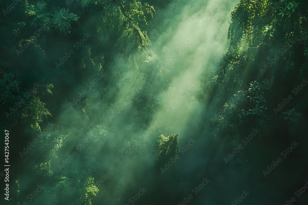 Aerial view of a dense forest shrouded in mist with sunbeams filtering through the canopy trees Aerial view of a dense forest shrouded in mist with sunbeams filtering through the canopy trees