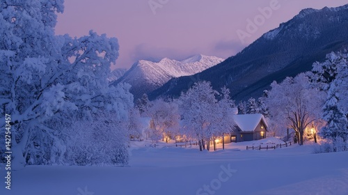Snow Covered Island House with Warm Lighting at Dusk.