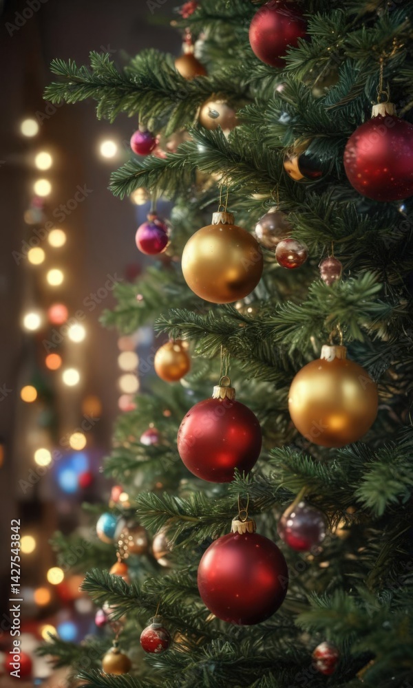 Vibrant baubles adorn a Christmas tree, bokeh lights glow , ornaments, bright Vibrant baubles adorn a Christmas tree, bokeh lights glow , ornaments, bright