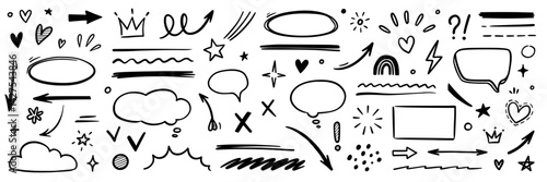 Line hand drawn brush marker arrow, heart shape element set. Hand drawn sketch marker underline shape, arrow, star marker brush pen stroke icon heart element. Vector illustration