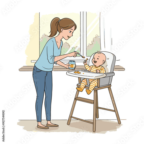 This vibrant and cheerful illustration depicts a mother feeding her baby in a bright yellow high chair. The baby, wearing a light yellow outfit, is happily receiving food from the mother.