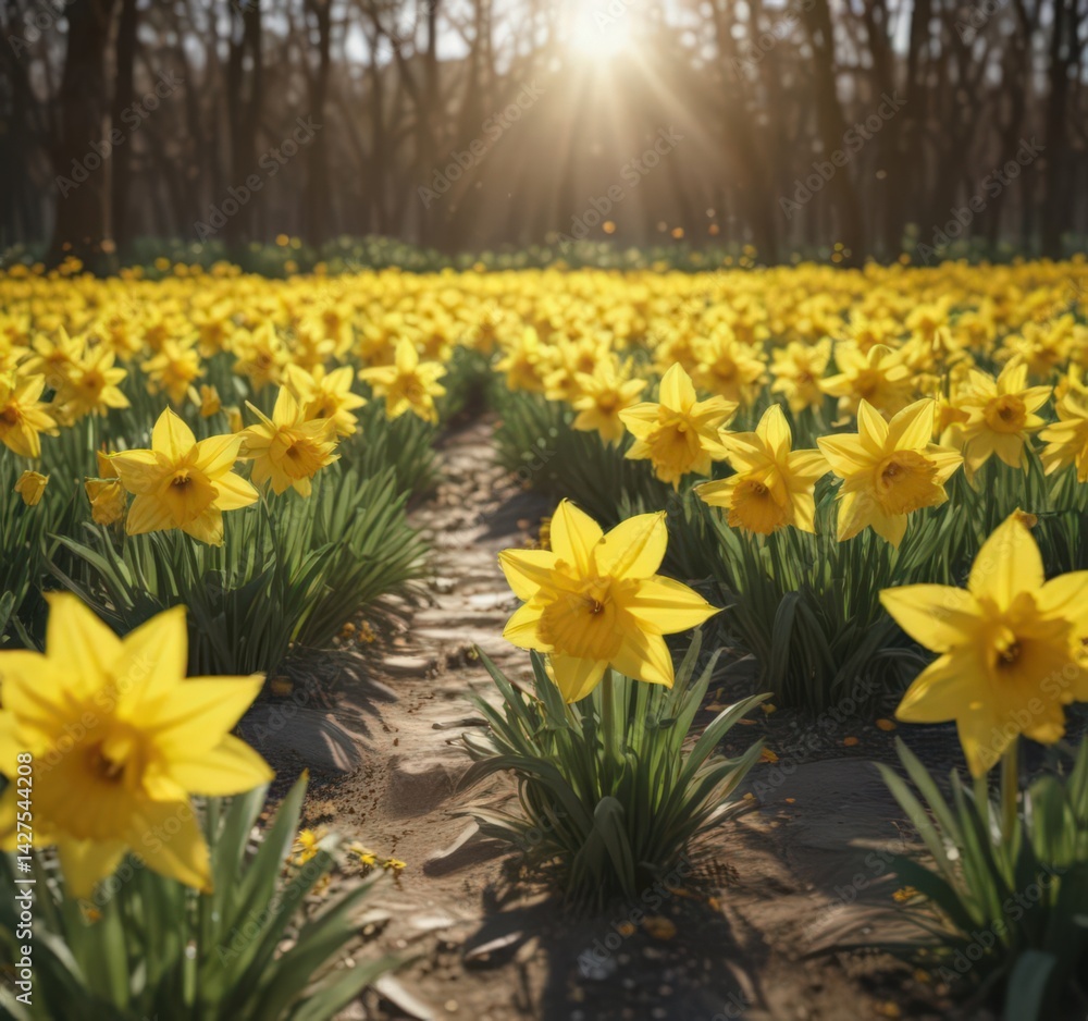 Fototapeta premium Sunlit field of vibrant yellow daffodils, petals glistening , nature, texture