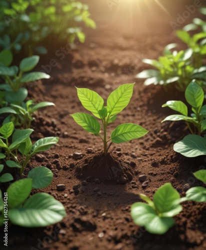 Tiny coffee seedlings emerge from rich soil, vibrant green leaves unfurl in sunlight ,  rural,  organic