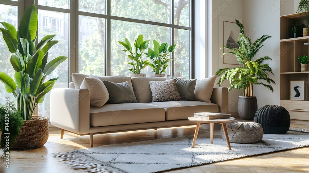 79. A modern living room with plush sofas, houseplants, and natural light flooding the space. 79. A modern living room with plush sofas, houseplants, and natural light flooding the space.