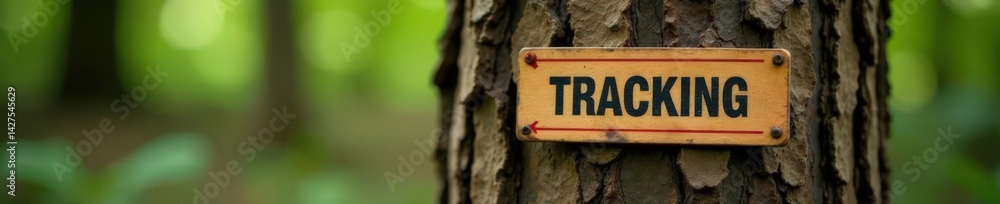 Fototapeta premium Tracking and hunting labels on wooden tree trunk, labels, tree trunk, track