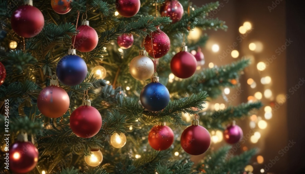 Vibrant baubles adorn a Christmas tree, glowing amidst soft, blurred lights , visual, background Vibrant baubles adorn a Christmas tree, glowing amidst soft, blurred lights , visual, background