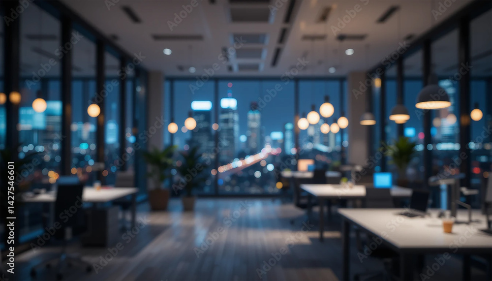 softly blurred office interior with large windows showcasing a stunning urban city view at night. Featuring elegant wooden desks, lush green plants, and warm lighting, creating a modern. softly blurred office interior with large windows showcasing a stunning urban city view at night. Featuring elegant wooden desks, lush green plants, and warm lighting, creating a modern.