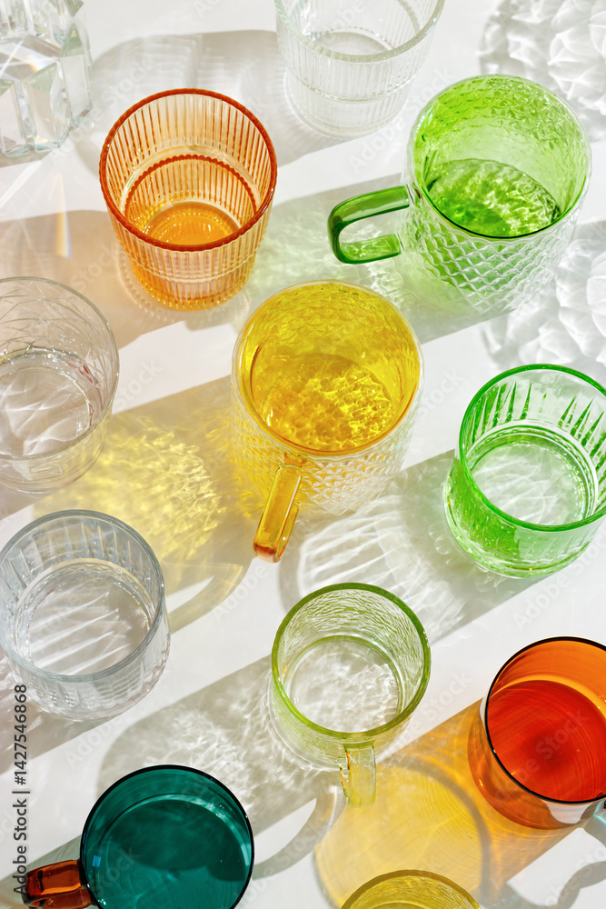 Colored Glasses pattern with shadow and sunlight reflection on white background, minimal aesthetic top view summer still life, refraction at shine drink, caustic effect, orange blue glass cups