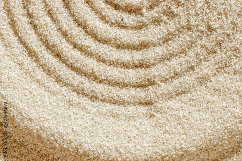 Smooth simple Lines on sand background, minimal aesthetic sandy texture. Spa, meditation, relaxation, wellness concept. Natural beige waves pattern in Japanese zen garden. View from above copy space