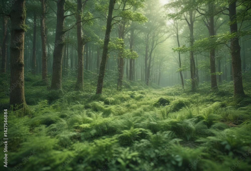 Obraz premium Abstract green forest, unfocused, soft, fuzzy texture, dreamy atmosphere , nature, background