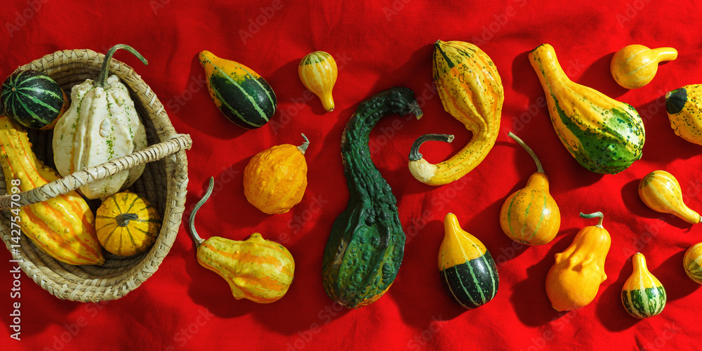 Pumpkins pattern, decorative diverse pumpkin, squash, patisson on red cloth, top view banner. Autumn, fall, halloween holiday concept. Minimal autumnal flat lay with sunlight shadows.