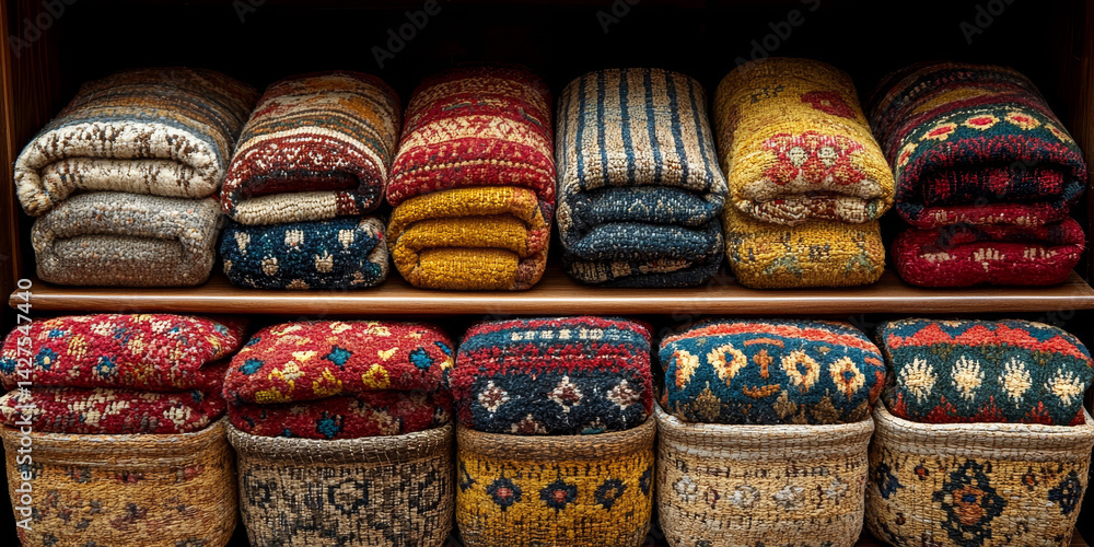Colorful Textiles Displayed on Wooden Shelf Colorful Textiles Displayed on Wooden Shelf