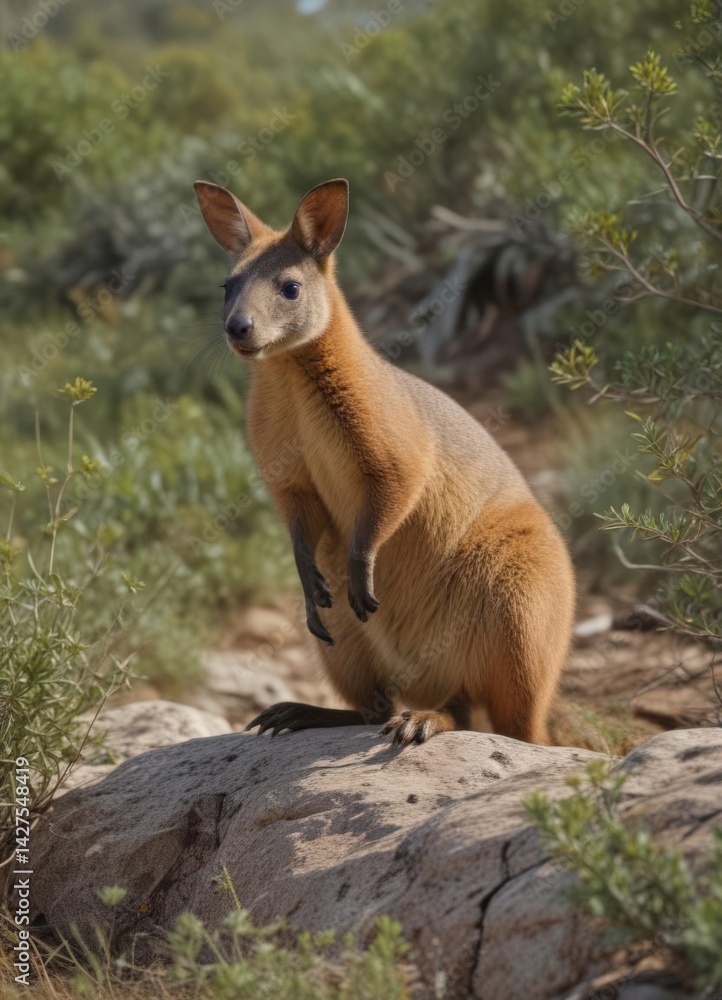 Naklejka premium Agile rock wallaby among sparse vegetation, Queensland landscape, red, nature
