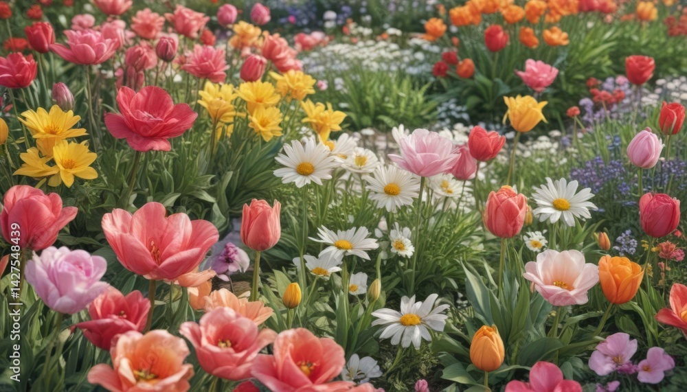 Obraz premium Vibrant watercolor garden blooms; roses, tulips, daisies , nature, summer flowers, watercolor