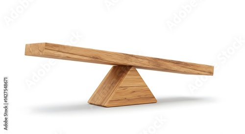 3d rendering of a wooden plank balancing on a wooden triangle isolated on white background. Seesaw and teeter-totter. Equilibrium. Balancing life.