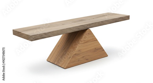 3d rendering of a wooden plank balancing on a wooden triangle isolated on white background. Seesaw and teeter-totter. Equilibrium. Balancing life.